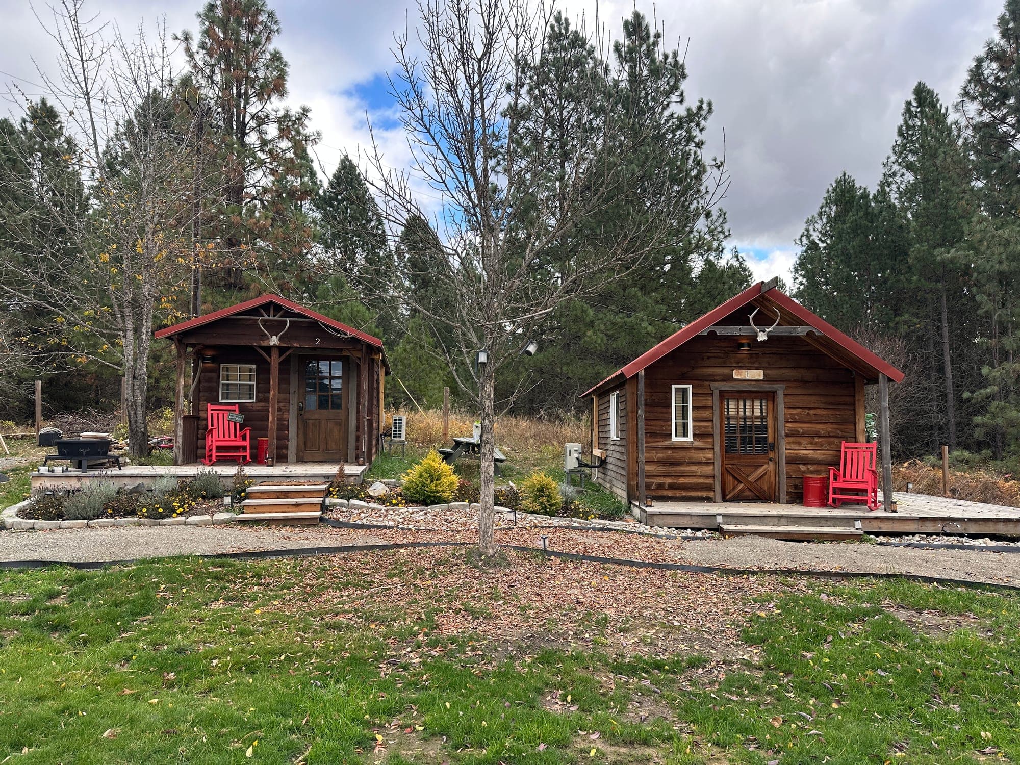 Watson's two log cabins with red Adirondack chairs in autumn light