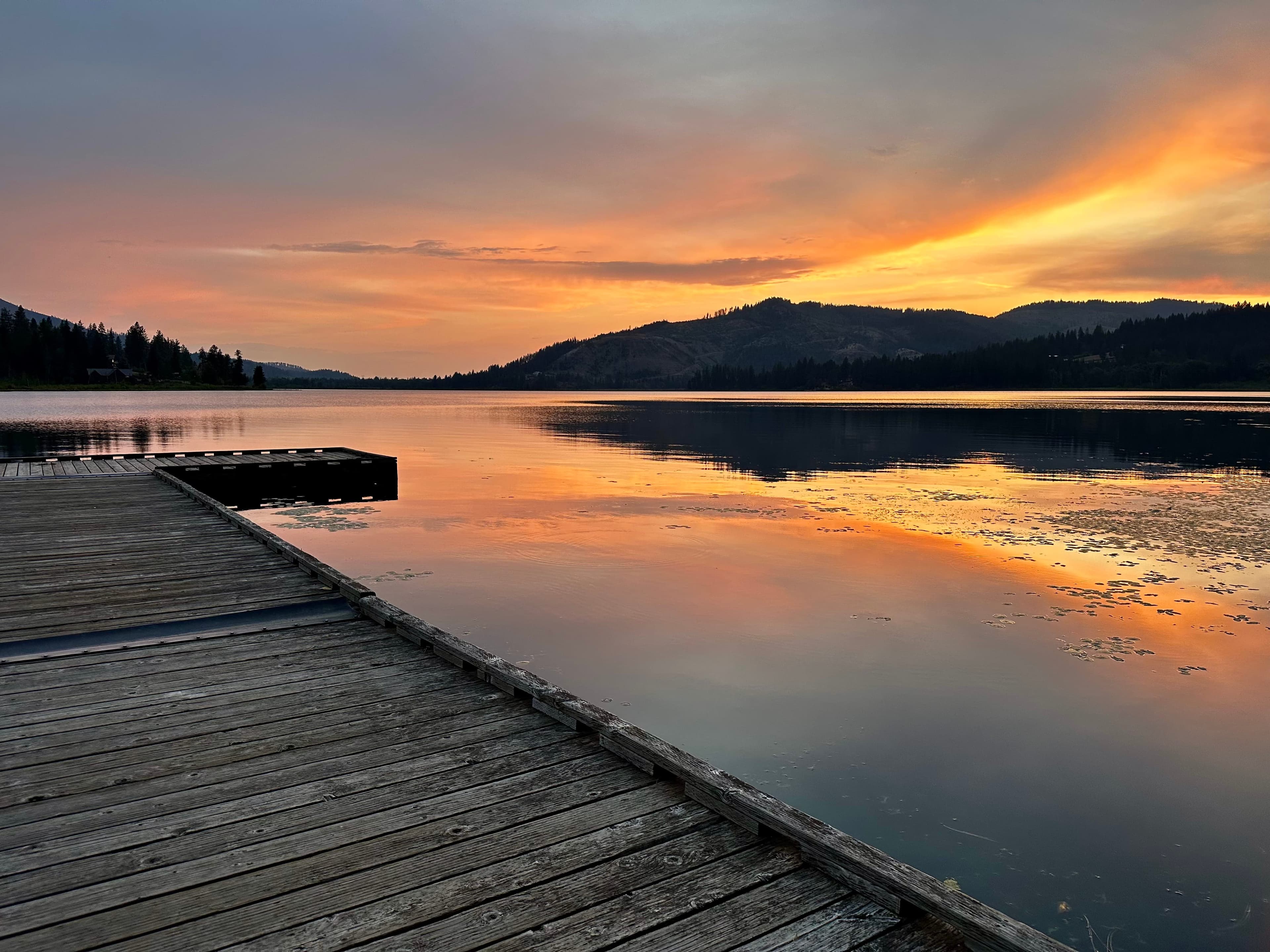 Rose Lake at sunset with the floating dock and pines reflecting on the water at Watson's Lakefront Resort