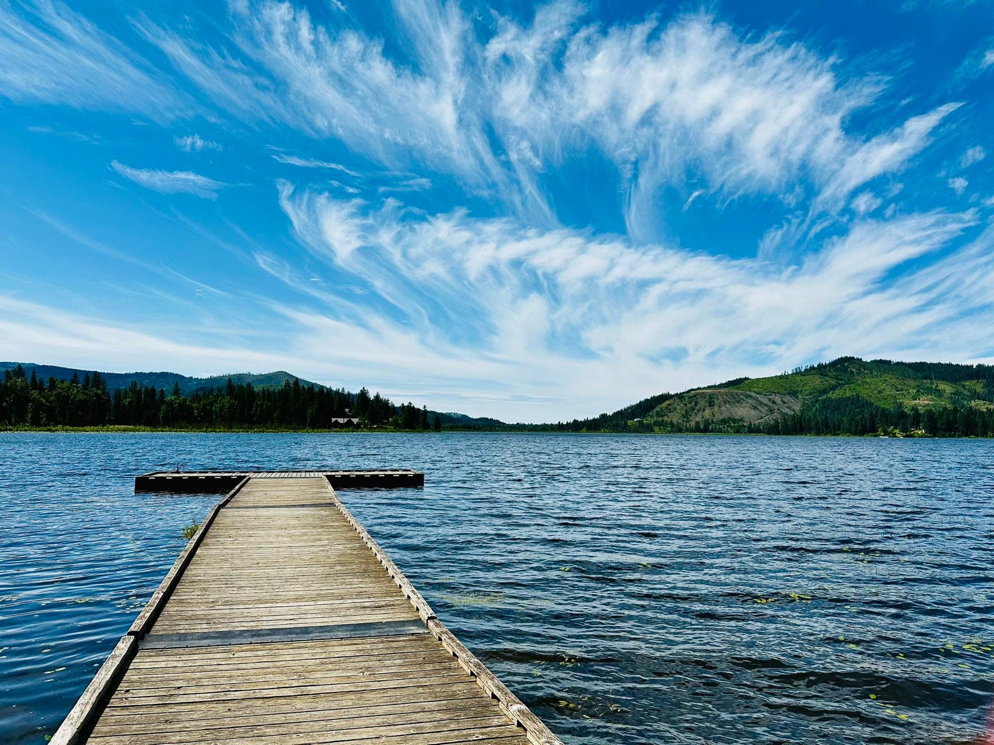 Watson's dock on Rose Lake under cirrus clouds with pines reflecting on the water