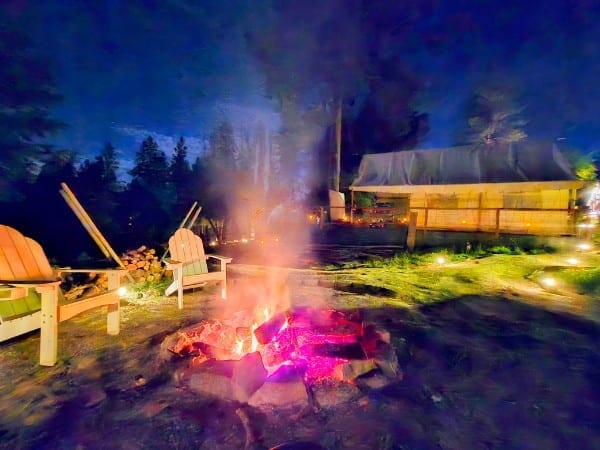Safari tent and firepit at Watson's Lakefront Resort — an after-party setting for wedding parties